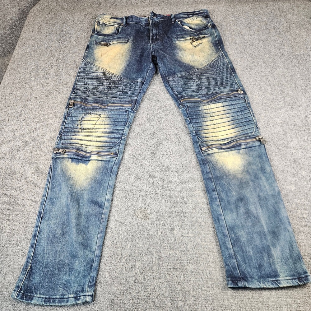 DSTRKT Denim Eighth Dstrkt Mens Moto Biker Jeans Blue Wash Zipper Detail 36x32